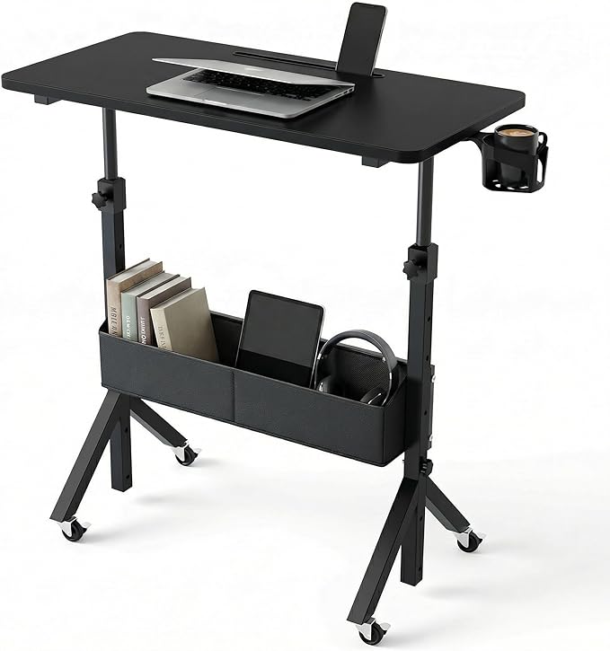 HUANUO Portable Standing Desk Adjustable Height, Mobile Stand Up Desk for Walking Pad and Treadmill, Rolling Computer Table with Wheels, 31.5"x15.75" Height 28.7"-46.1", Black