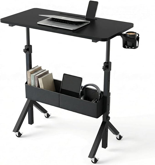 HUANUO Portable Standing Desk Adjustable Height, Mobile Stand Up Desk for Walking Pad and Treadmill, Rolling Computer Table with Wheels, 31.5"x15.75" Height 28.7"-46.1", Black