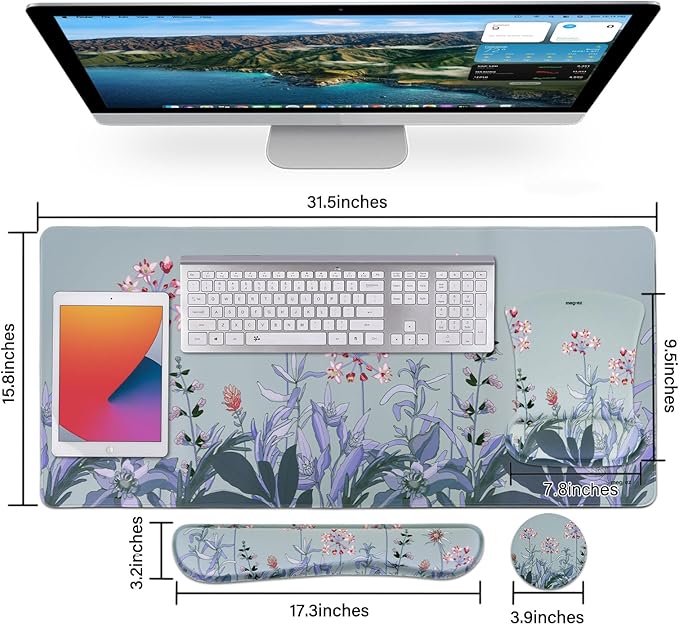 MEGREZ 4-in-1 Ergonomic Memory Foam Wrist Rest Set, Desk Pad, Mouse Pad with Wrist Rest, Keyboard Pad, Suitable for Office Workers, Programmers & Gamers–Relieve Typing & Gaming Fatigue, Blue Gray