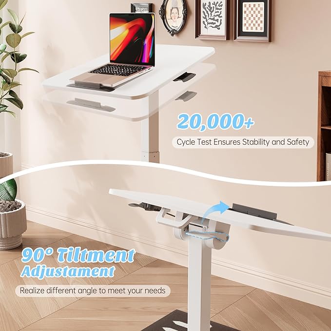 Foldable Mobile Standing Desk, 90 Tiltable Rolling Standing Desk, Height Adjustable Portable Laptop Workstation for Home Office, Easy to Fold, White