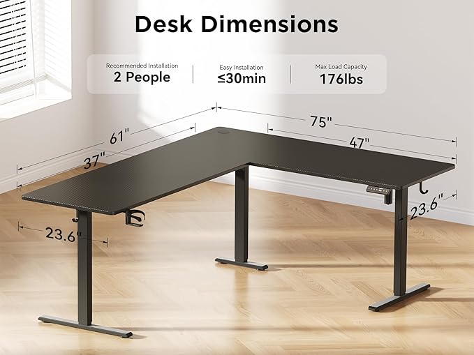 75x61 Inches Reversible L Shaped Standing Desk Height Adjustable with Cup Holder, Electric Corner Computer Workstation for Home Office, Ergonomic Sit Stand up Gaming Desk, Black