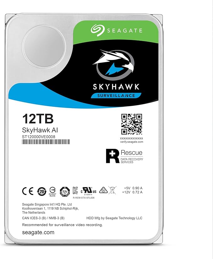 Seagate Skyhawk AI 12TB Video Internal Hard Drive HDD – 3.5 Inch SATA 6Gb/s 256MB Cache for DVR NVR Security Camera System with in-House Rescue Services – Frustration Free Packaging (ST12000VE003)