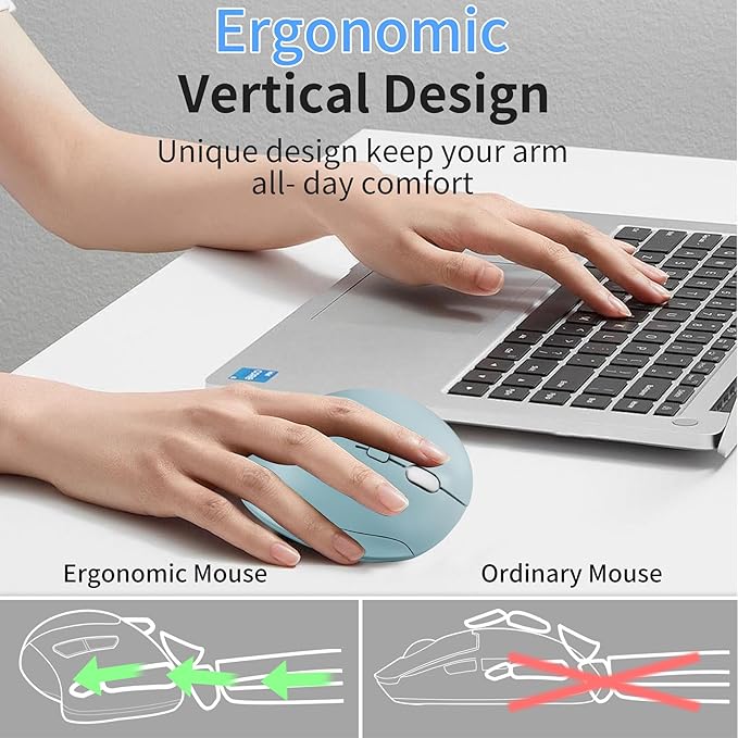 Wireless Silent Ergonomic Vertical Mouse - Dual Mode 2.4G/Bluetooth, Rechargeable Type C, Pain Relief for Office and Home Use, Compatible with Laptop & PC (Green)