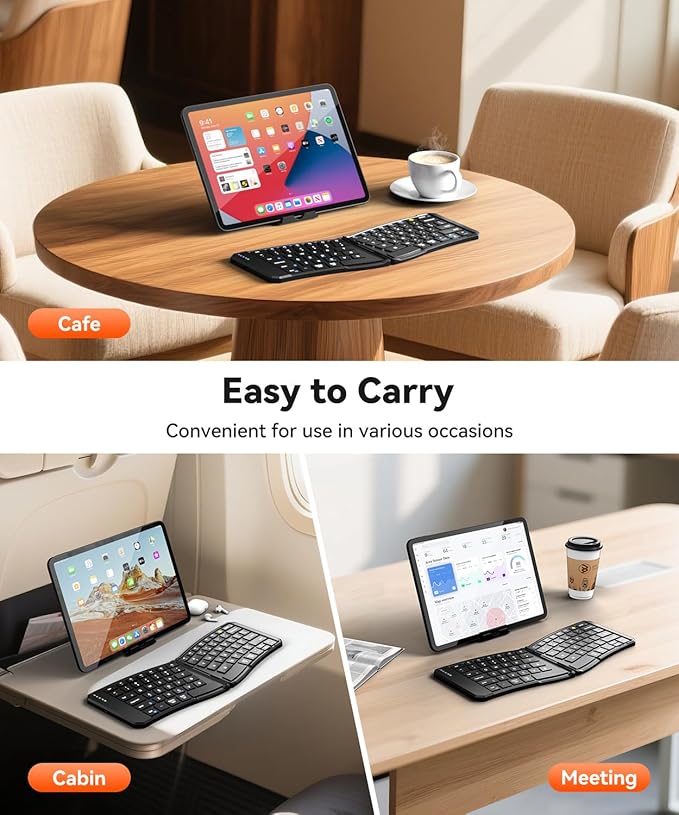 Ergonomic Foldable Keyboard, Portable Folding Travel Bluetooth Keyboard for Business and Travel, 3 Devices Dual-Mode(2.4G+BTx2) Ultra Slim Wireless Keyboards for Windows, iOS, Android, Use on the Leg