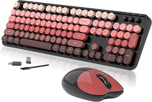 Wireless Keyboard and Mouse, 104 Round Keycaps Retro Typewriter with OTG & Brush, Full-Size Ergonomic, Ideal for Windows PC, Home, Office and College Black Pink