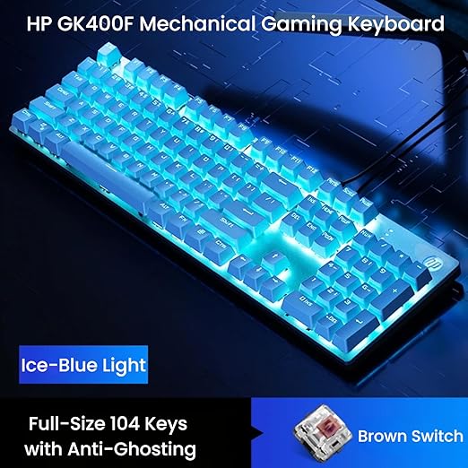 HP GK400F Mechanical Gaming Keyboard, 104 Keys Wired USB Keyboard with Tactile Brown Switches, Ice Blue LED Backlight, Full N-Key Rollover, Ergonomic Design, White & Blue Gradient