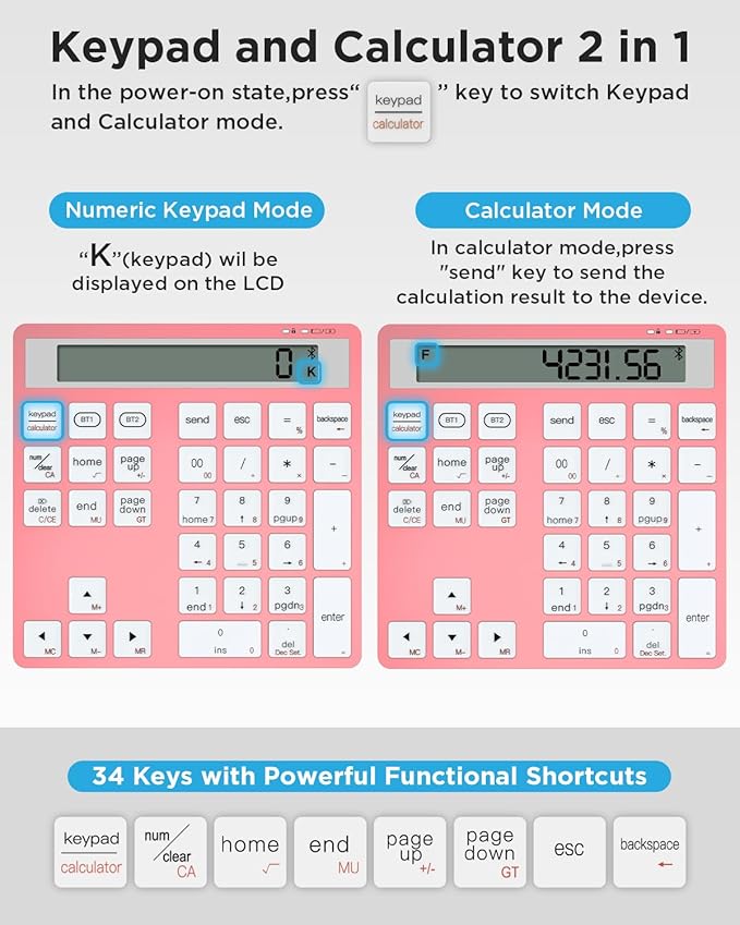 HoRiMe Number Pad for Laptop - Rechargeable Wireless Number Keypad 34 Keys with Dual Bluetooth, 2 in 1 Numeric Keypad Calculator with Display - Portable Slim Numpad for Windows, Mac, iMac, PC, Tablet