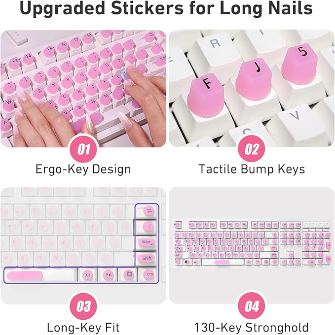 130 Pcs Keyboard Stickers for Long Nails, Ergonomics Raised Keyboard Stickers with Numbers, Self-Adhesive Round-Square PC Keyboard Tabs for Anti-Miss Typing (Pink)
