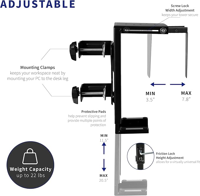 VIVO Adjustable Clamp-on Desk Leg PC Mount, Under Desk PC Mount, Computer Case CPU Holder with Tool-Free Installation, Black, MOUNT-PC01C