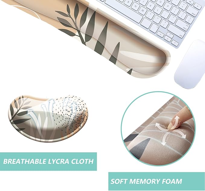 Keyboard Wrist Rest Mouse Wrist Support Set, Memory Foam Wrist Rest Pad for Computer Laptop Keyboard Mouse, Ergonomic Wrist Cushion Support for Typing Pain Relief, Gaming Home Office, Leaves Buff