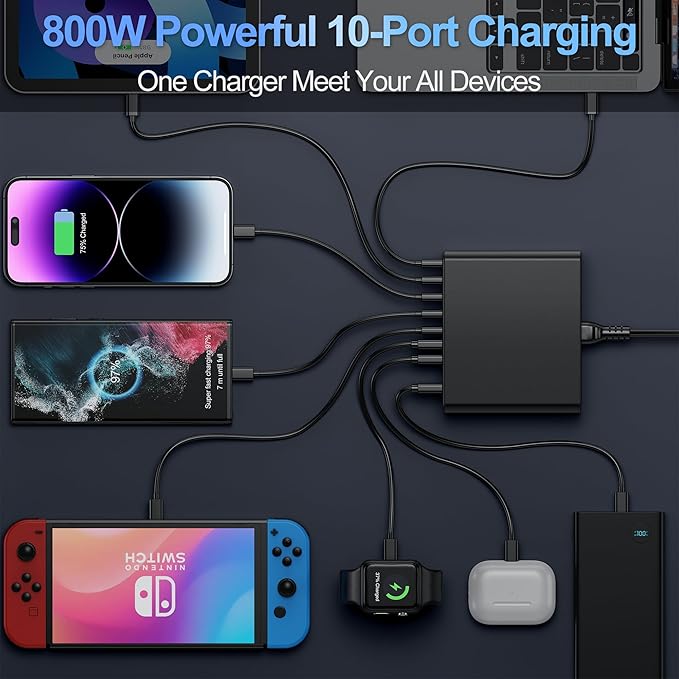 800W USB C Charger Block,10-Port Charging Station GaN Fast Charging Type C & USB A Wall Charger Adapter for MacBook Pro/Air,iPhone,iPad,Dell XPS,Samsung Galaxy (Bright Black)