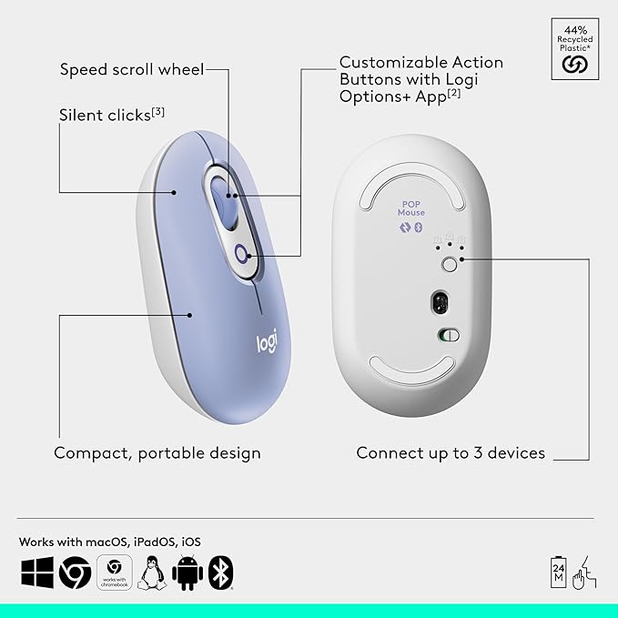 Logitech POP Mouse, Compact and Portable Wireless Bluetooth Mouse with Programmable Buttons and Quiet Clicks, Easy-Switch Between up to 3 Devices, Laptop, Tablet, PC - Lilac
