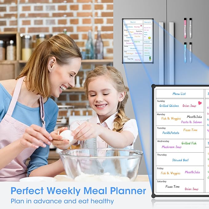 Weekly Calendar for Fridge,12×8” Magnetic Fridge Calendar Refrigerator Calendar, Weekly Meal Planner Magnetic, Menu Board, Double-Sided, Grocery List, Menu Planner for Refrigerator/Locker, 4 Markers