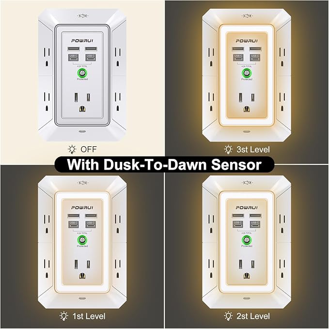 3-Sided Outlet Extender with Night Light - POWRUI Multi Plug Outlet with 5 Outlets and 4 USB Ports(2 USB-C), USB Wall Charger for Home, Office, Travel, ETL Listed, White