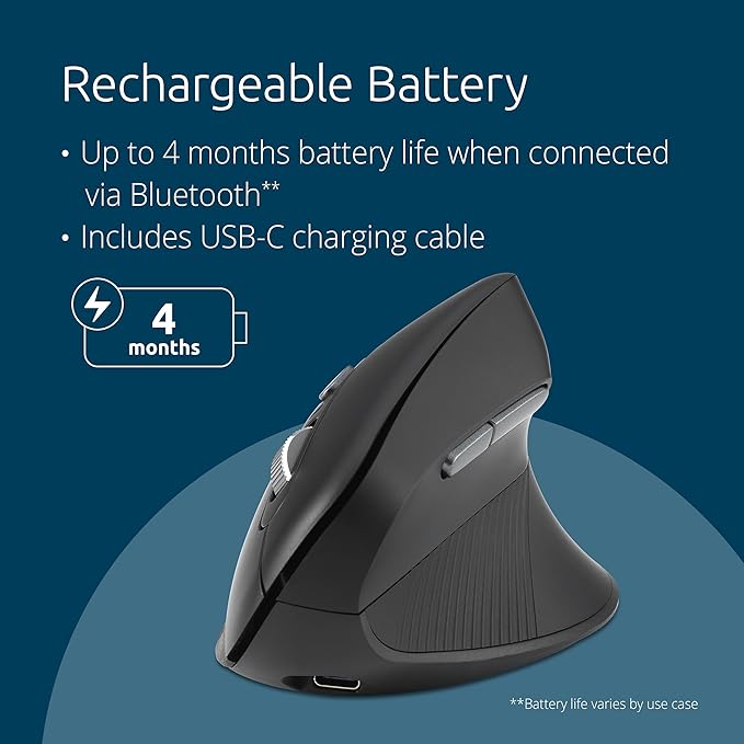 Kensington MY630 EQ Wireless Rechargeable Mouse, Ergonomic Vertical Design, Bluetooth LE, 2.4GHz, Black (K72484NA)