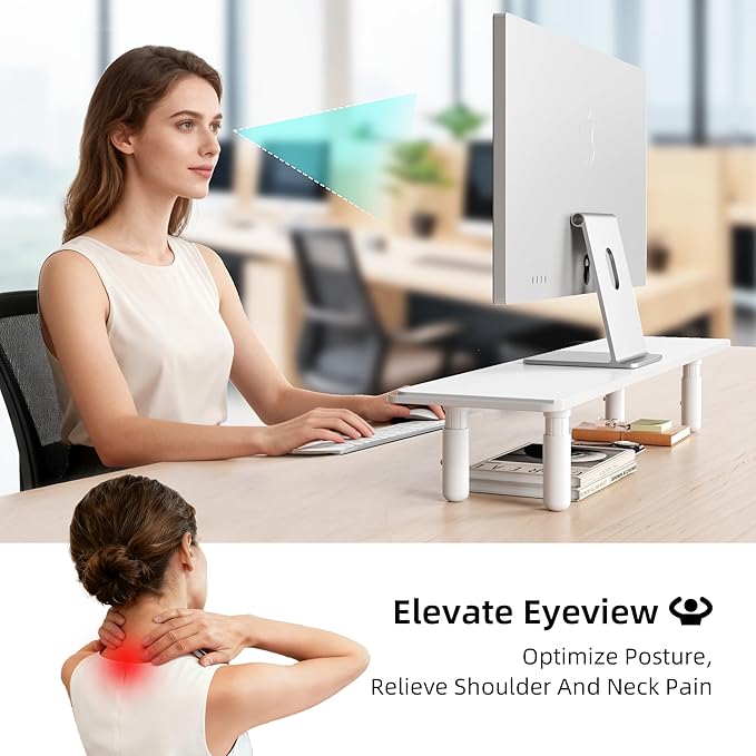 Dual Monitor Stand for Desk, Adjustable Height Wood Computer Riser, Ergonomic Monitor Shelf for Laptop, Printer, TV, Black - Large Storage Space, Sturdy Desk Organizer for Home & Office,White