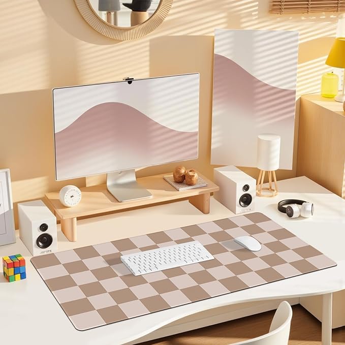 Big Desk Pad Mouse Pad, Large Gaming Mouse Mat with Stitched Edges, Non-Slip Waterproof Rubber Base Mous Mat for Office Computer Keyboard Laptop Home Decor (35.4X17.5 in), Milk Tea Brown Checkered