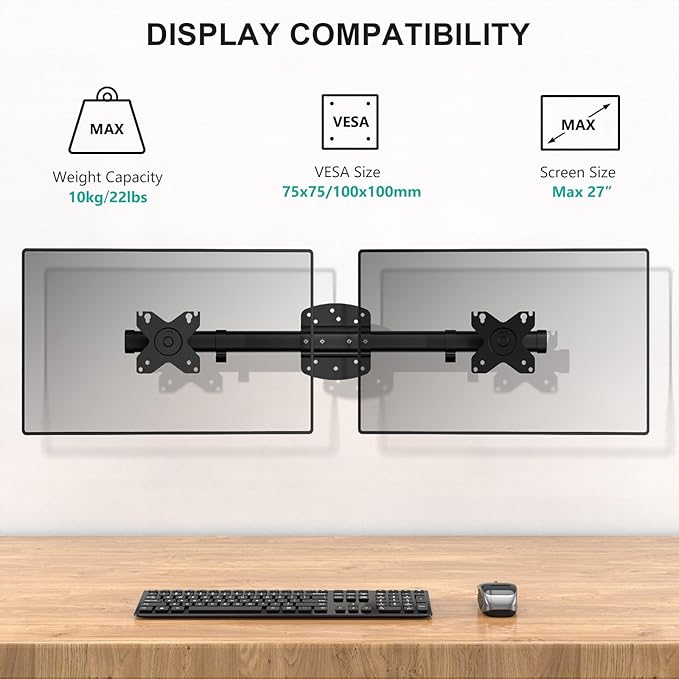 WALI Dual Monitor Wall Mount, Single to Double Bracket Adapter, Horizontal Assembly Arm for 2 Screen up to 27 inch (012ARM), Black