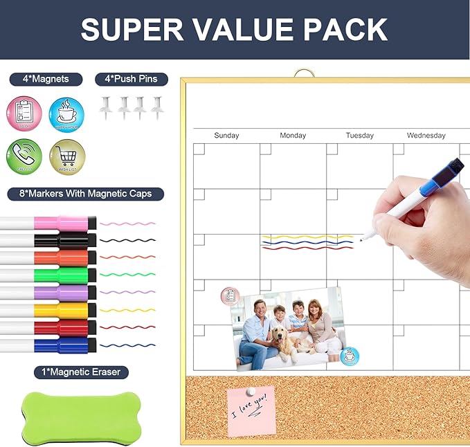Calendar Whiteboard for Wall, 16"X12" Small Dry Erase Board Cork Board Combo, Hanging Double-Sided Magnetic White Board Monthly Calendar for Office, Kitchen, Home, Planner, Memo
