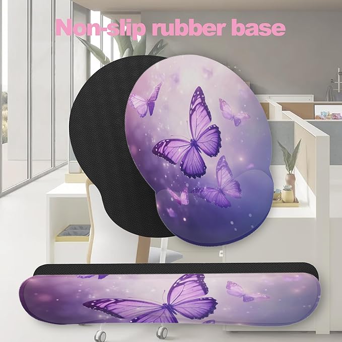 Butterfly Purple Sparkling Keyboard Wrist Rest Pad and Mouse Pad Wrist Support Set,3-in-1 Ergonomic Mouse Pad with Non-Slip Rubber Base for Home Office Game Computers Desk,