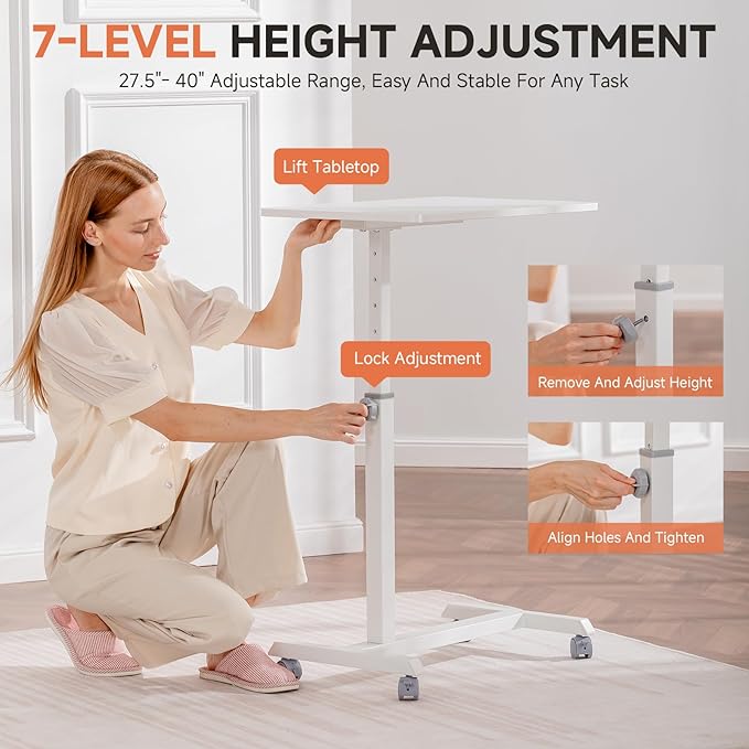 GTPLAYER Mobile Small Standing Desk, 24 inch Sit Stand Portable Rolling Laptop Desk with Lockable Wheels, Adjustable Height Overbed Bedside Table Computer Workstations, White