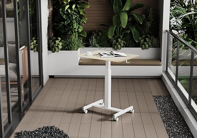Claiks Mobile Standing Desk, Small Rolling Standing Desk with Wheels, Pneumatic Mobile Desks Workstation with Hook, Natural