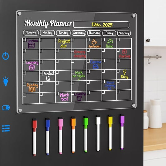 Grtard Acrylic Fridge Calendar Dry Erase Board for Fridge, Acrylic Calendar for Fridge Calendar Magnet, 16''x12'' Monthly Calendar for Fridge, Magnetic Whiteboard for Refrigerator with 8 Markers