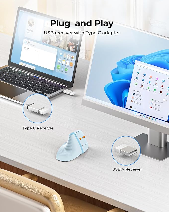seenda Ergonomic Mouse Rechargeable, Multi-Device Connection（2.4G&Type C, Vertical Wireless Mouse with Instant Desktop Return Key, Palm Rest, Anti-Slip Optical Mice for Mac OS, Windows, Blue
