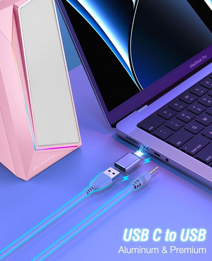 LENRUE Computer Speakers, USB/USB-C Powered PC Speakers with Loud Stereo Sound, Headphone-in for Desktop, Laptop, Monitor (USB-C to USB Adapter Included) (Pink)