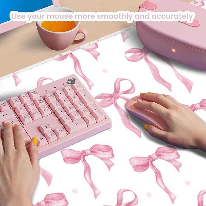 White Mouse Pad with Pink Bows, Cute Desk Mat Pink Keyboard Mat for Computer Laptop Non-Slip Rubber Base, Large Office Mat Kawaii Desktop Décor Accessories Office Supplies for Girls Women 31.5 x 11.8