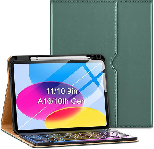 VIKESI Keyboard Case for iPad (A16,2025) 11th Generation/iPad 10th Generation Case (10.9" 2022),Premium Leather Smart Cover,Built-in Breathing Light,Function Row,Pencil Holder,Card Slots - Green
