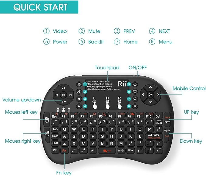 Rii 2.4GHz Mini Wireless Keyboard with Touchpad＆QWERTY Keyboard, Backlit Portable with Remote Control for Laptop/PC/Tablets/Windows/Mac/TV/Xbox/PS3/Raspberry Pi .(Black)