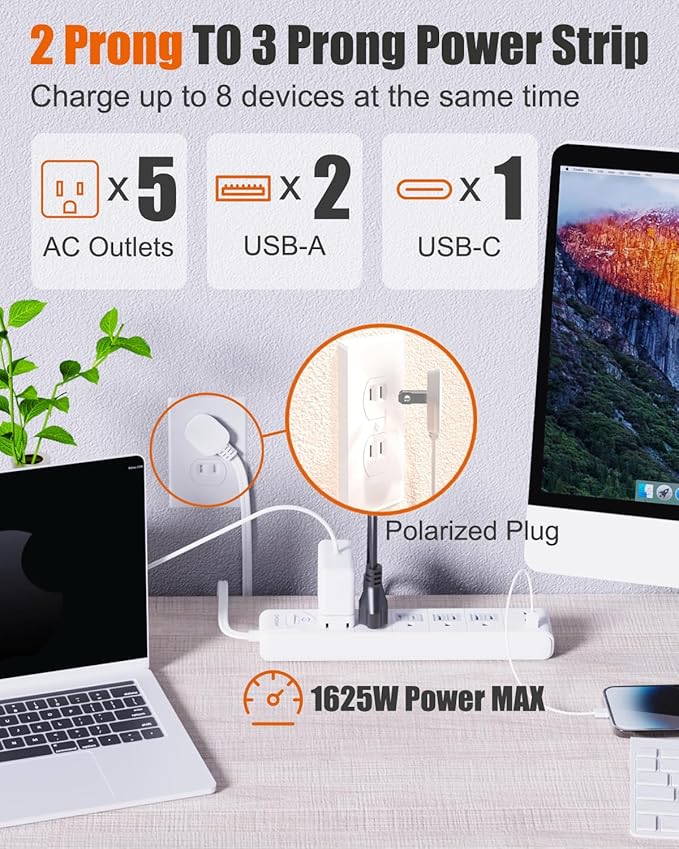2 Prong Power Strip, 2 Prong to 3 Prong Outlet Adapter, 15ft Extension Cord with Polarized Plug, 1680J Surge Protector, 5 AC Outlets & 3 USB, Wall Mountable, Ideal for Non-Grounded Outlets
