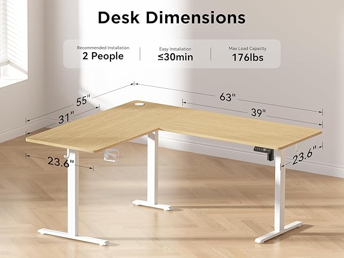 63X55 Inches Reversible L Shaped Standing Desk Height Adjustable with Cup Holder, Electric Corner Computer Desk, Sit Stand up Home Office Desk, Ergonomic Gaming Desk, Oak