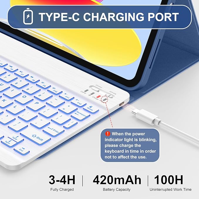 Soke for iPad (A16) 11th/10th Generation Case with Keyboard(2025/2022)-7 Color Backlight Wireless Detachable Folio Keyboard Cover with Built-in Pencil Holder for iPad 11/10.9 inch, Ocean Marble