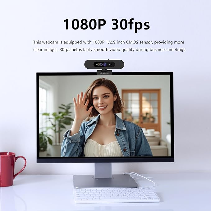 Window Hello Webcam, 1080P 30fps Camera with Noise-reducing Mic, Plug & Play, 90° Wide Angle, Built-in Privacy Cover, 360° Rotation & 90° Tilt, Perfect for Zoom, Google Meet, Microsoft Teams
