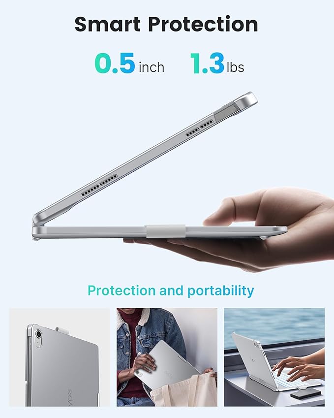 typecase Flexbook Keyboard Case for iPad 11th (A16, 2025) and iPad 10th Gen (10.9", 2022) – No Trackpad, 11-Color Backlight, 360° Rotatable, 7 Use Modes, Thin & Lightweight – Silver
