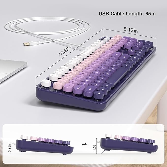 KNOWSQT Wired Computer Keyboard - Purple-Gradient Colorful Retro Full Size Round Keycaps Plug and Play Typewriter Cute Keyboards for Windows, Laptop, PC, Desktop, Computer