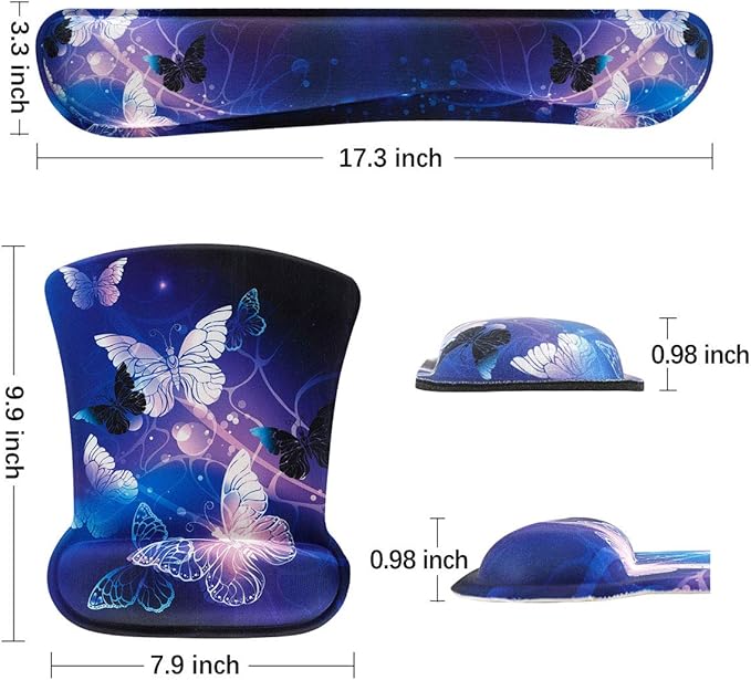 ToLuLu Keyboard Wrist Rest Pad Ergonomic Mouse Pad Set, Gel Mouse Pad for Computer Laptop, Non Slip Mousepad Keyboard Wrist Support Raised Memory Foam for Easy Typing Pain Relief, Art Butterflies