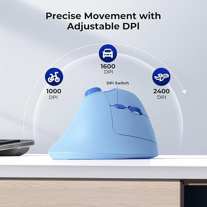 seenda Ergonomic Mouse Wireless, MOU-302 Bluetooth Vertical Mouse Rechargeable, Optical Mice with 1000/1600/2400 DPI, Volume Knob, 3 Multi-Device Connectivity for Computer/PC/Laptop/Mac, Blue