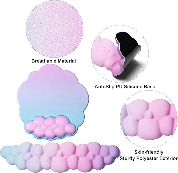 OUEST Cloud Wrist Rest Keyboard and Mouse Pad with Cute Ergonomic Memory Foam Non-Slip PU Base for Computer Mac Laptop Office Gaming-Cyan/Purple/Pink