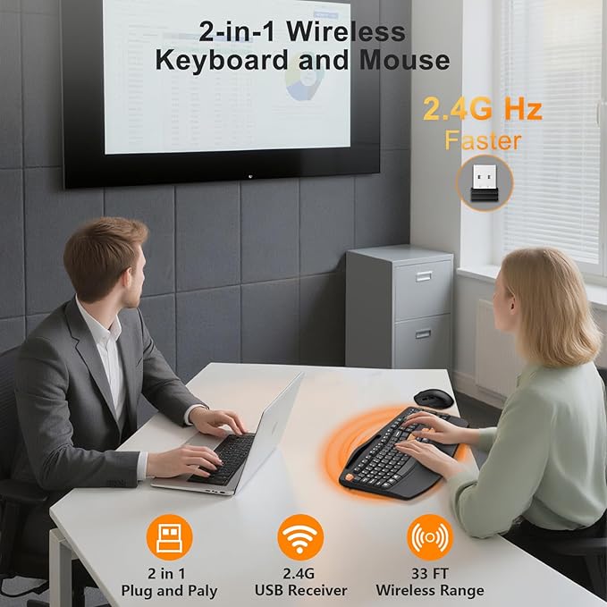 Wireless Keyboard and Mouse Combo, 2.4G Full Size Wave Keys Ergonomic Keyboard with Wrist Rest, Phone Holder, 3-Level DPI Wireless Silent Mouse with 6-Buttons, for Windows, Mac OS (Orange Black)