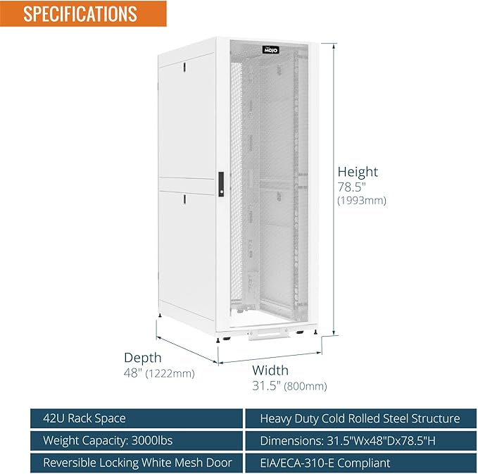 Tecmojo 42U Server Rack Cabinet - PRE-Assembled 32inch Width 48inch Depth IT Network Equipment Cabinet Rack Enclosure with Casters - 3000lbs Weight Capacity, White