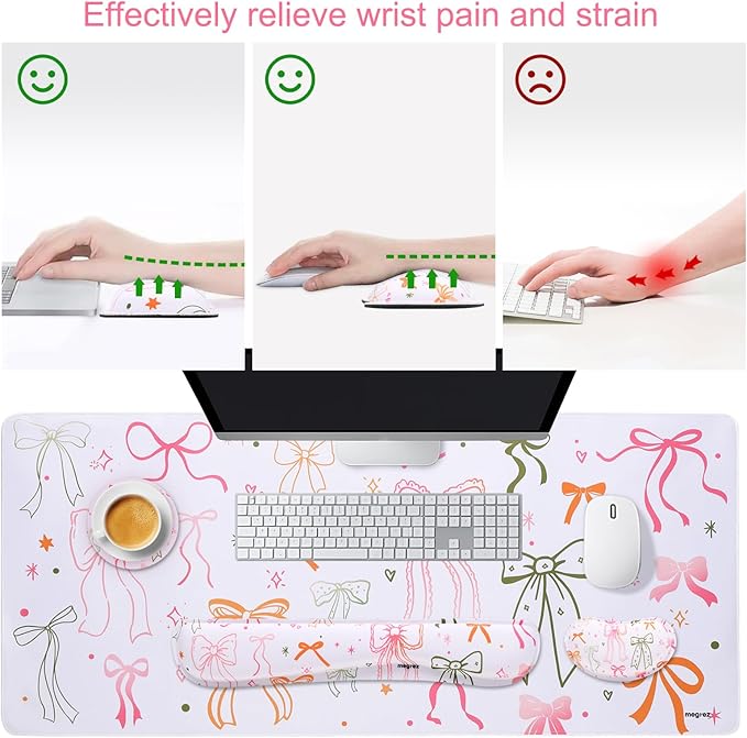 MEGREZ 4-in-1 Ergonomic Memory Foam Wrist Rest Set, Desk Pad, Mouse Pad with Wrist Rest, Keyboard Pad, Suitable for Office Workers, Programmers & Gamers–Relieve Typing & Gaming Fatigue, Bow