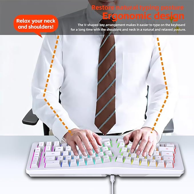 HXMJ-Wired Ergonomic Gaming Keyboard,Mechanical Feel,Detachable USB Cable,69 Keys,RGB Backlit-White