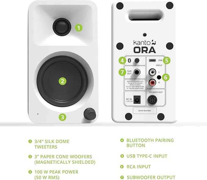 Kanto ORAMW 100W Powered Reference Desktop Computer Speakers with Bluetooth 5.0 and USB-C Input | Bi-Amplified | 100 Hz Automatic Crossover | Reference Quality Sound | Pair | Matte White (Renewed)