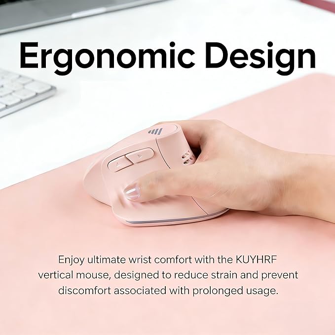 Bluetooth Wireless Dual-Mode Vertical Mouse - Silent Click, Ergonomic Comfort for Office & Home Use, Rechargeable with LED Breathing Light, Compatible with Multiple Devices (Pink)