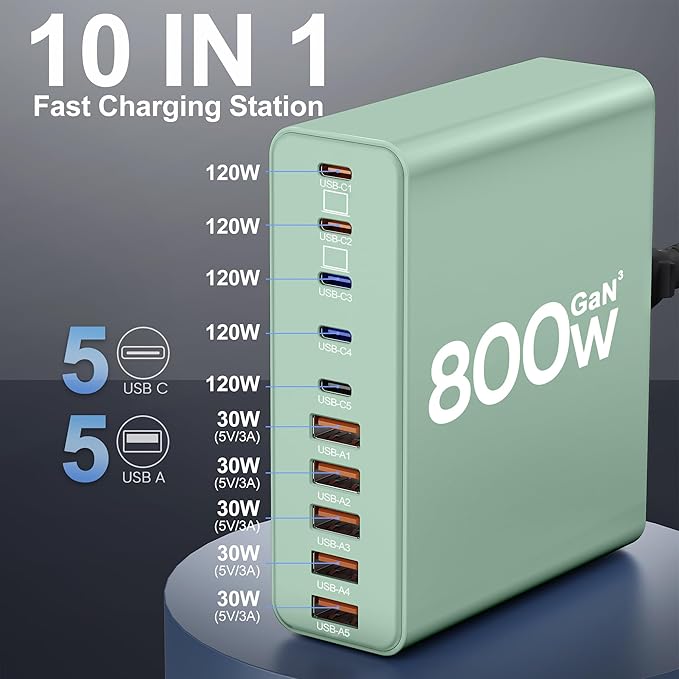 800W USB C Charger Block,10-Port Charging Station GaN Fast Charging Type C & USB A Wall Charger Adapter for MacBook Pro/Air,iPhone,iPad,Dell XPS,Samsung Galaxy(Green)