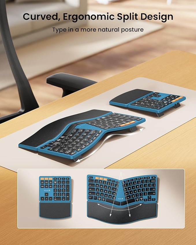 ProtoArc Bluetooth Ergonomic Keyboard, Wireless Split Keyboard with Separate Number Pad, Dual Bluetooth and USB, Hard Wrist Rest, Rechargeable for Windows/Mac/Android - Blue