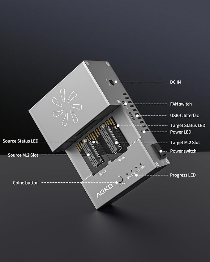 AOKO M.2 NVMe/SATA SSD Cloner with Cooling Fan，USB-C 10Gbps NVMe Clone Docking Station,SSD to USB Adapter&Reader,PCIE NVMe/NGFF Duplicator Supports Offline Clone, UASP and Trim